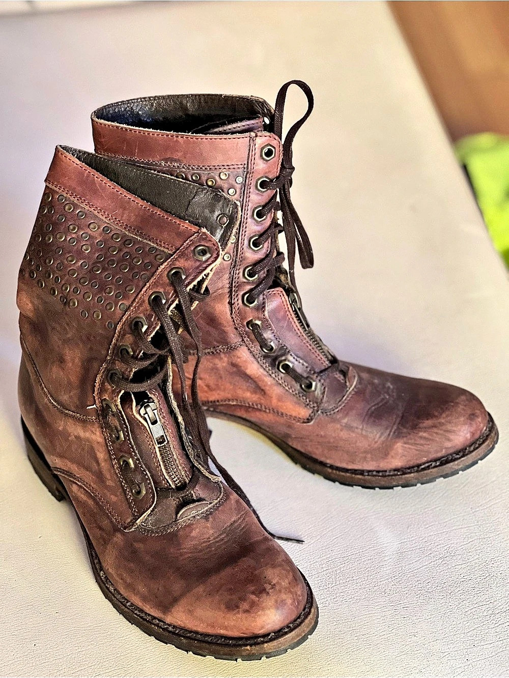 Sendra Vintage Handmade Spain Leather Combat Boots | Unique Zip & Lace-Up